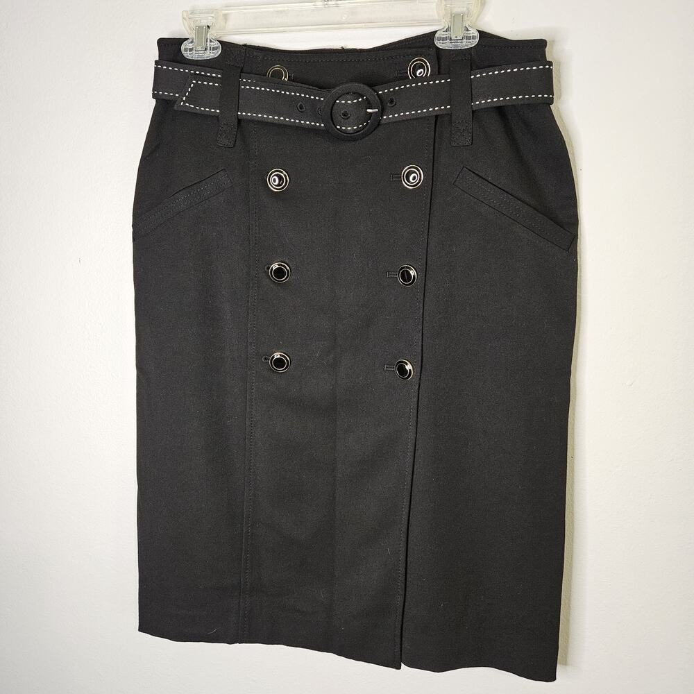 LOFT Ann Taylor Womens 12 Stretch Belted Academia Skirt Black w/ White Contrast
